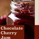 This image features a close-up of a jar of chocolate cherry jam with a rich, dark texture and visible cherry pieces. The design includes bold text reading "Chocolate Cherry Jam" on a reddish-brown background at the bottom, with "PreservingGuide.com" displayed underneath. The warm, rustic tones and clear layout emphasize the homemade preservation theme.