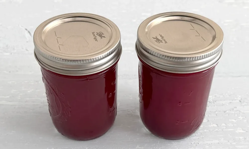 Two mason jars full of cranberry juice sitting on a light blue wooden surface.