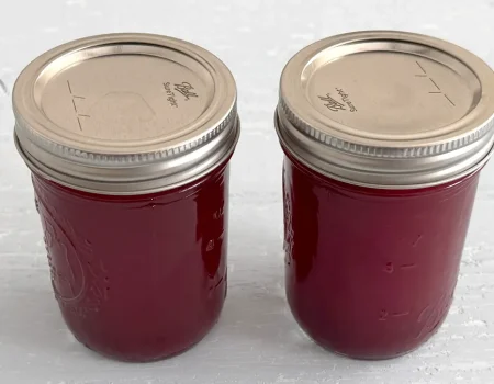 Two mason jars full of cranberry juice sitting on a light blue wooden surface.