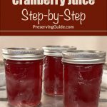 This image features three mason jars filled with cranberry juice, sealed with metal lids, placed on a steam canning rack. Overlaid text reads, "How To Steam Can Cranberry Juice Step-by-Step" with the website name "PreservingGuide.com" below.