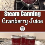 This image combines two visuals: at the top, a saucepan of cranberry juice simmering on a stovetop; at the bottom, three mason jars filled with cranberry juice sealed and placed on a steam canning rack. The central text overlay reads, "Steam Canning Cranberry Juice," with an illustrated mason jar logo below.