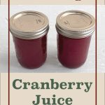 This image displays two mason jars filled with cranberry juice, sealed with metal lids, against a white background. The text at the top reads "Canning," while the larger text below the jars says "Cranberry Juice," framed with a decorative border. A mason jar icon is placed at the bottom center.