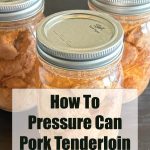 Three mason jars filled with pressure-canned pork tenderloin sitting on a dark countertop. The text overlay reads 'How to Pressure Can Pork Tenderloin' with the website 'PreservingGuide.com' at the bottom.