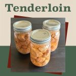 Three mason jars filled with pressure-canned pork tenderloin on a dark wooden surface, surrounded by a beige and green background design with red accents. The text at the top reads 'How to Pressure Can Pork Tenderloin,' and a small jar icon is displayed at the bottom center.