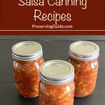 Three jars of homemade canned salsa with colorful vegetables like tomatoes and peppers, placed on a dark wooden surface. The top of the image features text reading '7 Homemade Salsa Canning Recipes' and 'PreservingGuide.com' on a brown background.