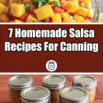 Bright mango salsa with red peppers and cilantro served in a glass dish at the top, paired with a row of five jars of homemade canned salsa on a wooden surface at the bottom. The central text reads '7 Homemade Salsa Recipes For Canning' on a brown background, with a small jar logo beneath the text.