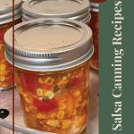 Close-up of jars of vibrant homemade salsa with visible corn, peppers, and herbs, placed in a canning pot. The right side features vertical text reading '7 Salsa Canning Recipes' on a green background, with a circular 'Tips & Tricks' label in the top corner and a jar logo at the bottom.