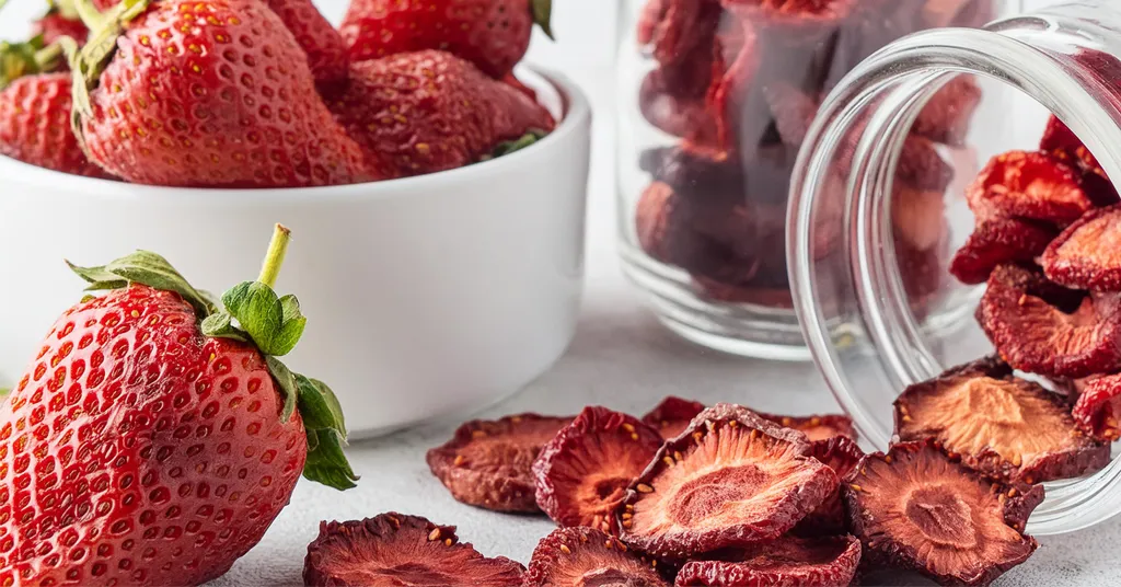 Dehydrated Strawberries and ripe strawberries sitting on a white counter