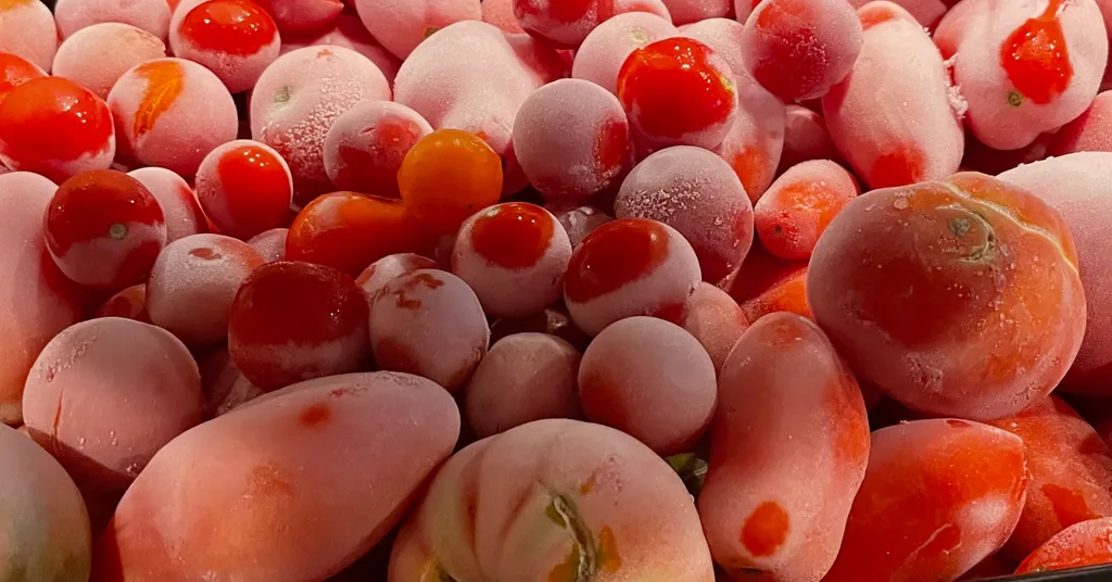 Frozen tomatoes going to be used for Spaghetti Sauce.