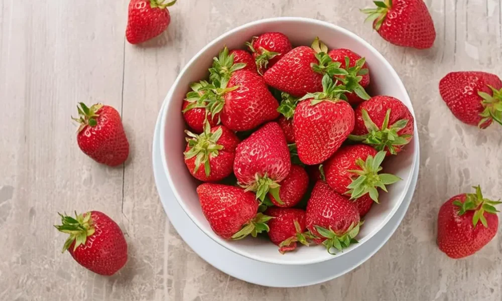 Ripe red strawberries in a white bowl with strawberries spread out on the counter around the bowl.