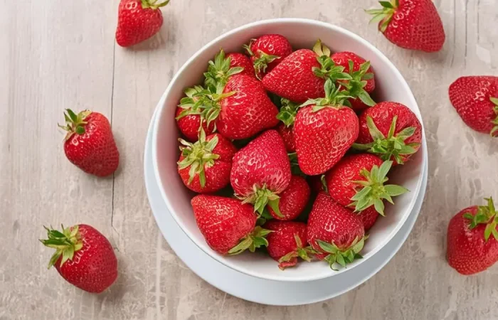 Ripe red strawberries in a white bowl with strawberries spread out on the counter around the bowl.