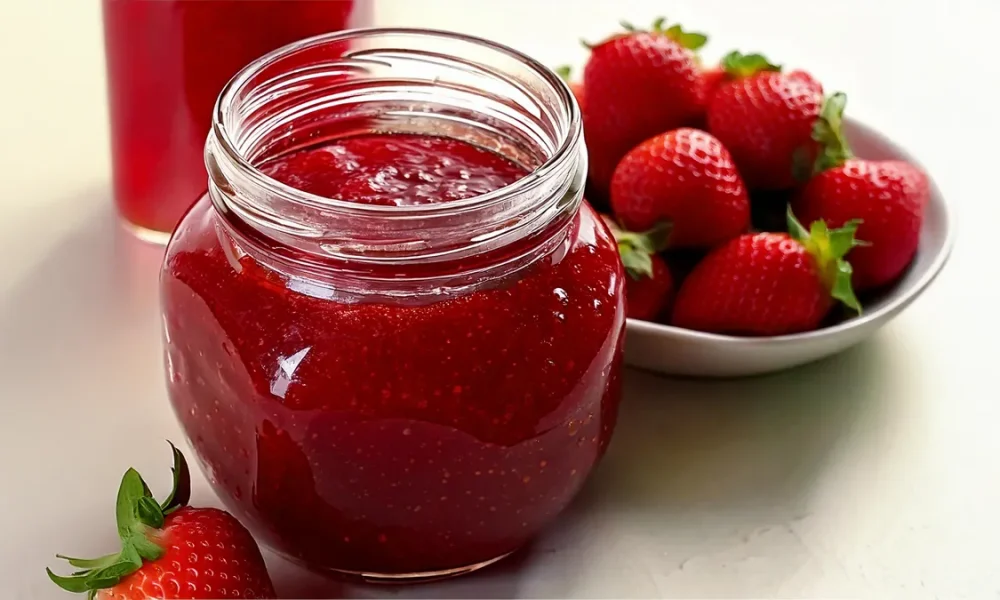 A glass jar filled with glossy, homemade strawberry jelly sits on a white surface. The deep red jelly has a slight texture. In the background, a white bowl is filled with fresh strawberries, and another jar of jam is partially visible.