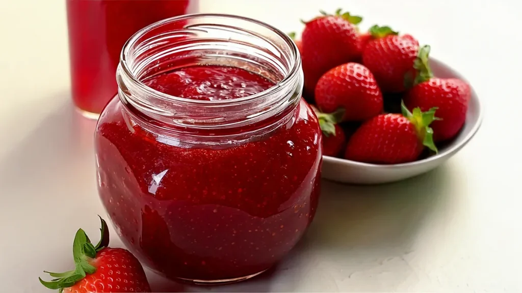 A glass jar filled with glossy, homemade strawberry jelly sits on a white surface. The deep red jelly has a slight texture. In the background, a white bowl is filled with fresh strawberries, and another jar of jam is partially visible.