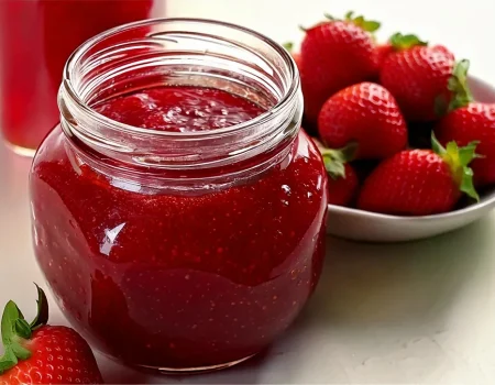 A glass jar filled with glossy, homemade strawberry jelly sits on a white surface. The deep red jelly has a slight texture. In the background, a white bowl is filled with fresh strawberries, and another jar of jam is partially visible.