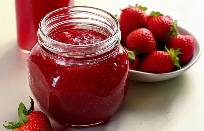 A glass jar filled with glossy, homemade strawberry jelly sits on a white surface. The deep red jelly has a slight texture. In the background, a white bowl is filled with fresh strawberries, and another jar of jam is partially visible.