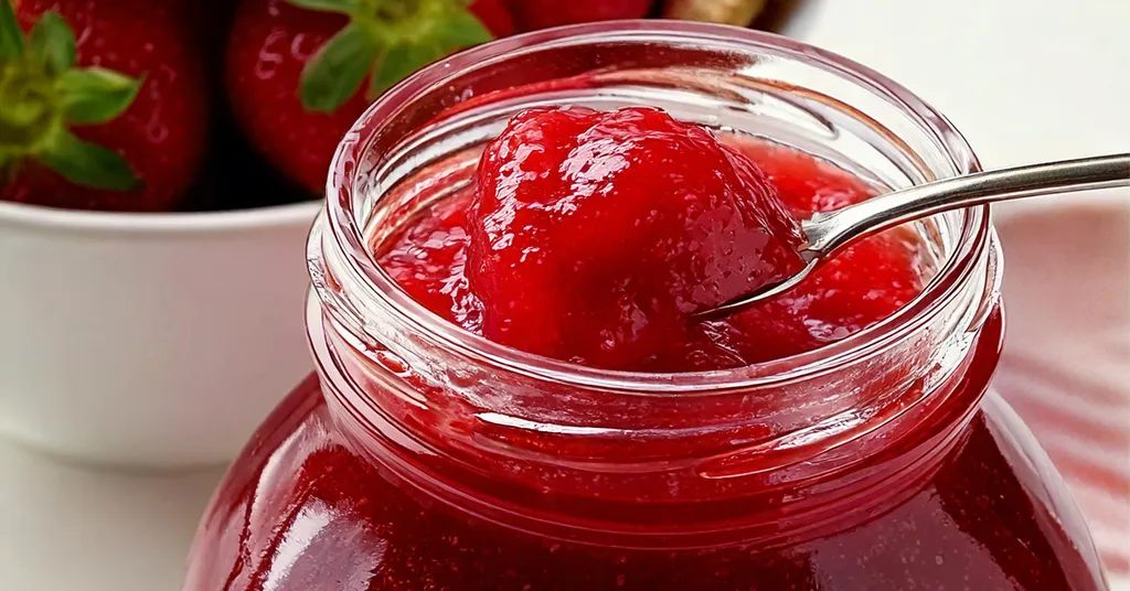 A close-up of a glass jar filled with thick, glossy strawberry jelly. A silver spoon scoops up a generous portion, highlighting its rich red color and slightly smooth texture. In the background, a white bowl holds fresh strawberries with green leaves still attached.