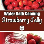 Top half of the image shows a bowl filled with fresh, ripe strawberries. The middle section features a brown banner with white text that reads, 'Water Bath Canning Strawberry Jelly,' along with a small mason jar icon. The bottom half displays an open jar of homemade strawberry jelly with a bowl of fresh strawberries in the background.