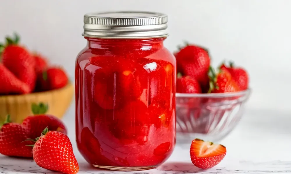 Strawberry Pie Filling in a mason jar with bowls of strawberries and loose strawberries around it.