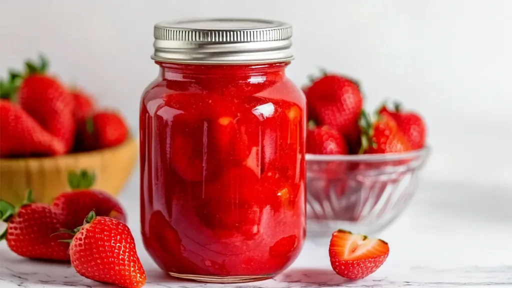 Strawberry Pie Filling in a mason jar with bowls of strawberries and loose strawberries around it.