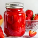 Strawberry Pie Filling in a mason jar with bowls of strawberries and loose strawberries around it.