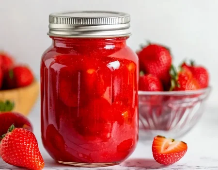 Strawberry Pie Filling in a mason jar with bowls of strawberries and loose strawberries around it.