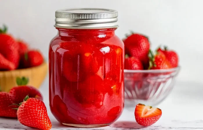 Strawberry Pie Filling in a mason jar with bowls of strawberries and loose strawberries around it.