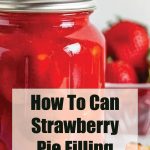 A close-up of a glass mason jar filled with vibrant red strawberry pie filling, sealed with a silver lid. In the background, fresh strawberries are scattered, slightly blurred. Overlaying the image is a semi-transparent white box with bold black text reading 'How To Can Strawberry Pie Filling,' along with the website 'PreservingGuide.com' at the bottom.