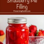 A glass mason jar filled with homemade strawberry pie filling sits on a white surface, sealed with a silver lid. Fresh strawberries surround the jar, with a bowl of strawberries in the background and a sliced strawberry in the foreground. At the top of the image, a brown banner displays bold white and script-style text reading 'How To Can Strawberry Pie Filling,' followed by the website 'PreservingGuide.com.'