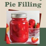 A styled graphic featuring a mason jar filled with vibrant red strawberry pie filling, sealed with a silver lid. The jar is placed in front of fresh strawberries in a glass bowl, with a sliced strawberry in the foreground. The background has a beige and green color scheme with bold text reading 'How To Can Strawberry Pie Filling' and a small jar logo at the bottom.