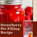 A close-up of a mason jar filled with vibrant red strawberry pie filling, sealed with a silver lid. Fresh strawberries are visible in the background, along with a sliced strawberry in the foreground. A brown text box on the lower left reads 'Strawberry Pie Filling Recipe,' and the website 'PreservingGuide.com' is displayed at the bottom of the image.