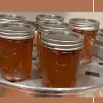 Several jars of homemade apple jalapeno jelly cooling on a canning rack, showcasing the golden hue of the jelly with visible flecks of green pepper—capturing the sweet and spicy blend from preservingguide.com.