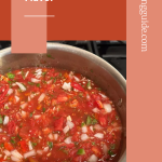 A stainless steel pot filled with freshly chopped tomatoes, onions, peppers, and herbs simmering into a vibrant fresh vegetable salsa—perfect for preserving summer flavor all year long, from preservingguide.com.