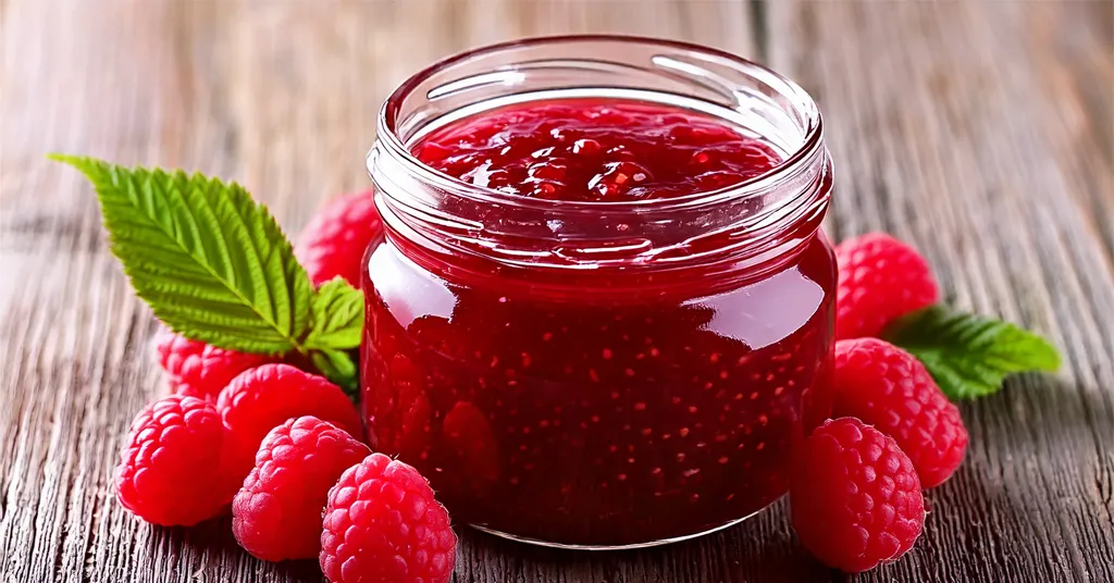 A glass jar filled with bright red raspberry jam sits on a rustic wooden surface, surrounded by fresh raspberries and green raspberry leaves. The jam is thick and glossy, with visible seeds and fruit pieces, suggesting a homemade, chunky texture.