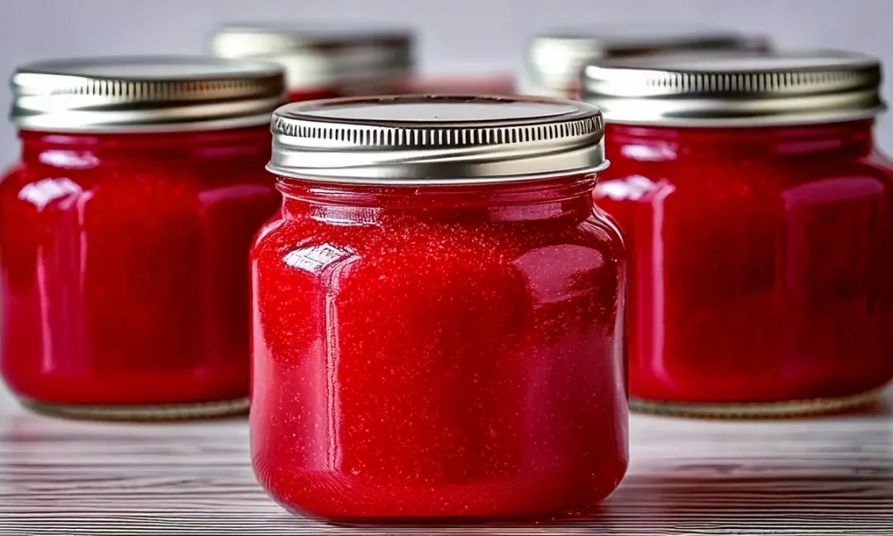 Five glass jars filled with bright red raspberry jam are sealed with metal lids and arranged on a striped surface. The jam has a smooth, seedless texture and a glossy finish, giving a polished, shelf-ready look perfect for gifting or storing.