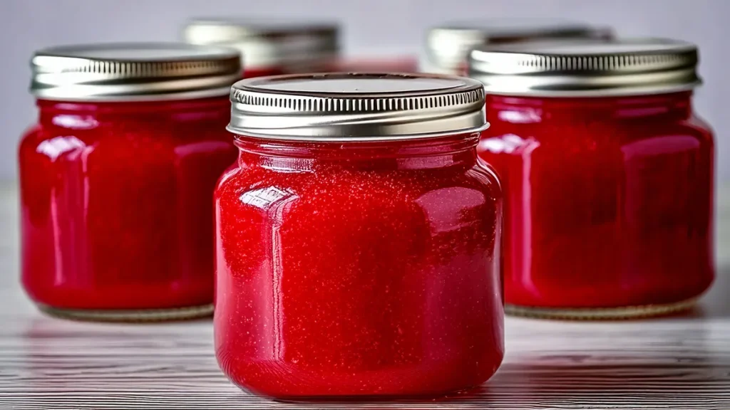 Five glass jars filled with bright red raspberry jam are sealed with metal lids and arranged on a striped surface. The jam has a smooth, seedless texture and a glossy finish, giving a polished, shelf-ready look perfect for gifting or storing.