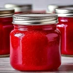 Five glass jars filled with bright red raspberry jam are sealed with metal lids and arranged on a striped surface. The jam has a smooth, seedless texture and a glossy finish, giving a polished, shelf-ready look perfect for gifting or storing.