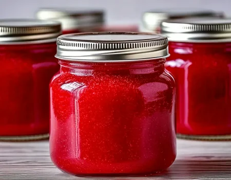 Five glass jars filled with bright red raspberry jam are sealed with metal lids and arranged on a striped surface. The jam has a smooth, seedless texture and a glossy finish, giving a polished, shelf-ready look perfect for gifting or storing.