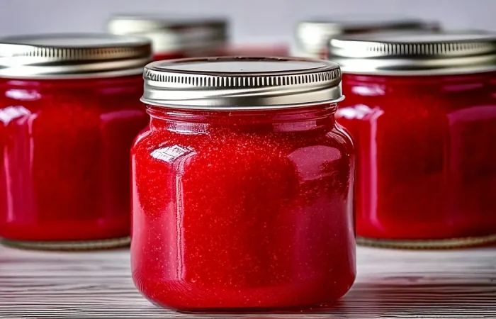 Five glass jars filled with bright red raspberry jam are sealed with metal lids and arranged on a striped surface. The jam has a smooth, seedless texture and a glossy finish, giving a polished, shelf-ready look perfect for gifting or storing.