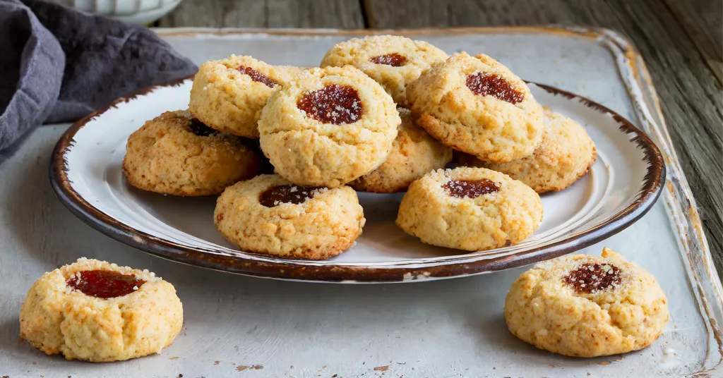 Raspberry Thumbprint Cookies on a white plate.