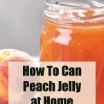 A glass jar filled with golden peach jelly sits on a rustic wooden surface next to a fresh peach. Bold text over the image reads “How To Can Peach Jelly at Home – PreservingGuide.com,” highlighting a homemade peach jelly recipe tutorial.
