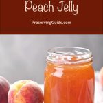 A jar of homemade peach jelly glows with golden-orange color next to ripe peaches on a rustic table. The top of the image reads “How To Can Peach Jelly” with “PreservingGuide.com” underneath, offering a visual intro to a peach jelly recipe and canning guide.