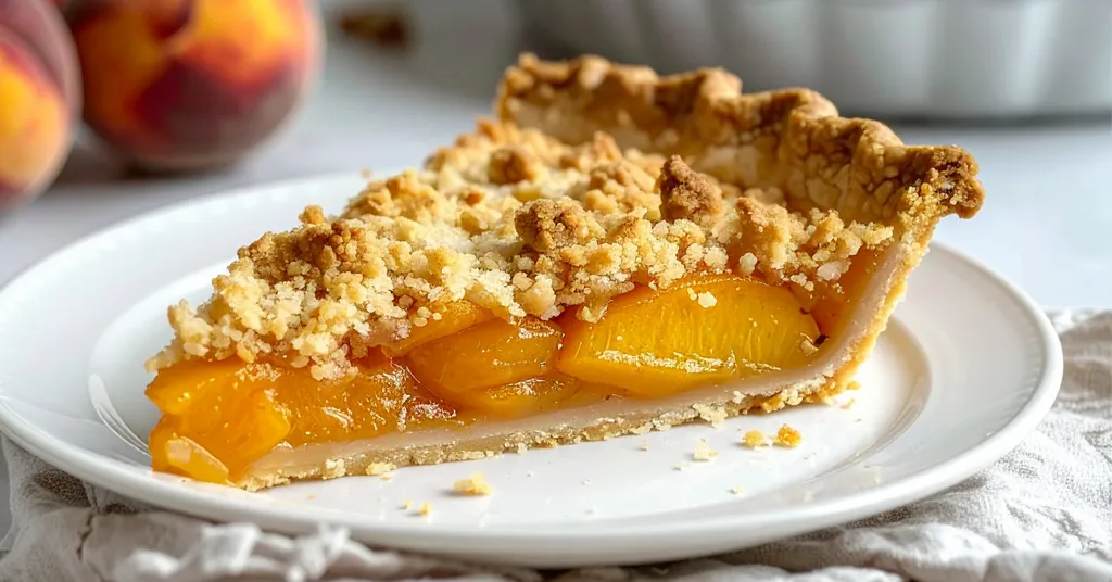 A slice of peach pie with golden crumble topping sits on a white plate, revealing thick slices of juicy peach pie filling inside a flaky crust—perfect for showcasing a homemade dessert.
