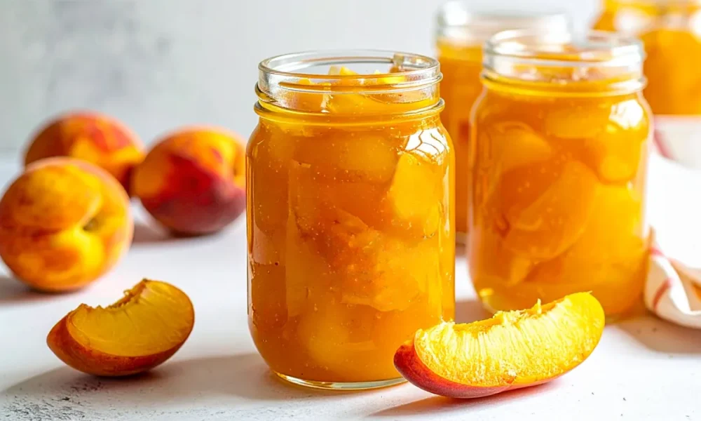 Glass jars filled with thick, golden peach pie filling are surrounded by fresh peaches and peach slices on a white countertop, showcasing a homemade canning recipe.