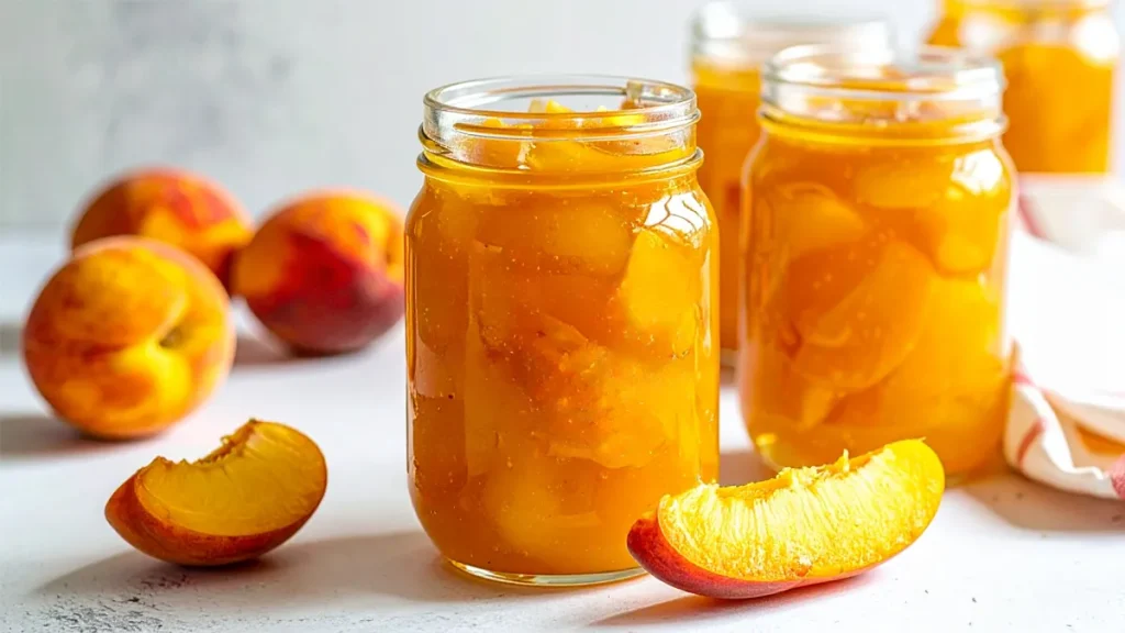 Homemade Peach Pie Filling Recipe for Canning Glass jars filled with thick, golden peach pie filling are surrounded by fresh peaches and peach slices on a white countertop, showcasing a homemade canning recipe.