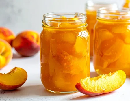 Glass jars filled with thick, golden peach pie filling are surrounded by fresh peaches and peach slices on a white countertop, showcasing a homemade canning recipe.