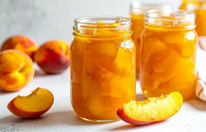 Glass jars filled with thick, golden peach pie filling are surrounded by fresh peaches and peach slices on a white countertop, showcasing a homemade canning recipe.