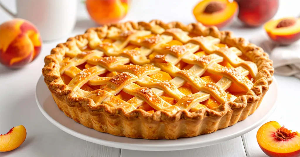 A golden peach pie with a beautifully woven lattice crust sits on a white plate, surrounded by fresh peaches and peach slices, showcasing the rich, homemade peach pie filling inside.