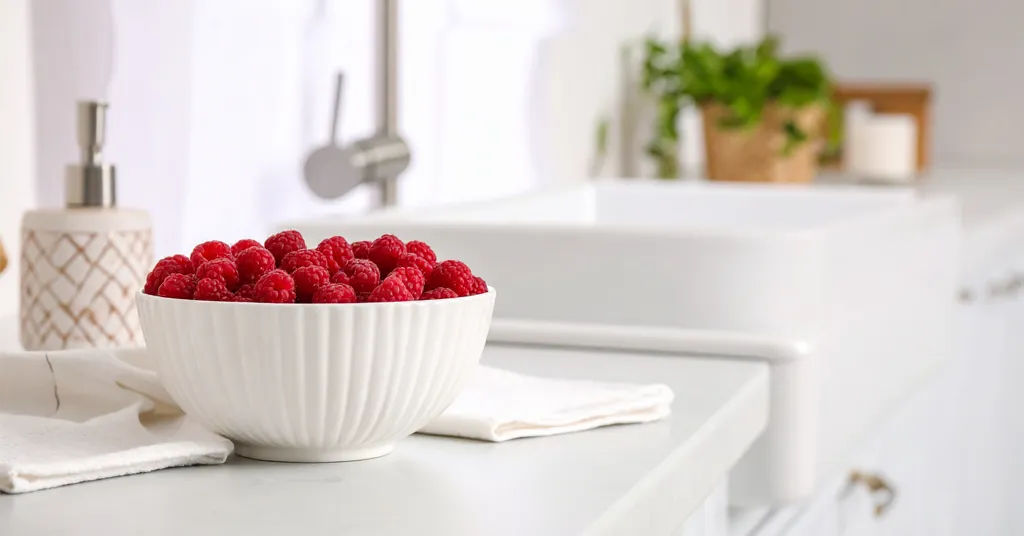 A white bowl filled with fresh, ripe raspberries sits on a kitchen counter near a farmhouse sink, surrounded by soft natural light and minimalistic decor.