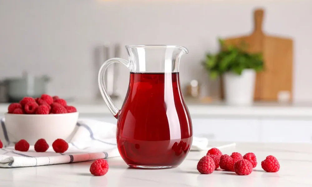 A clear glass pitcher filled with deep red raspberry syrup sits on a white kitchen counter. Fresh raspberries are scattered around, with a white bowl full of berries and a folded tea towel nearby, all set in a bright, modern kitchen.