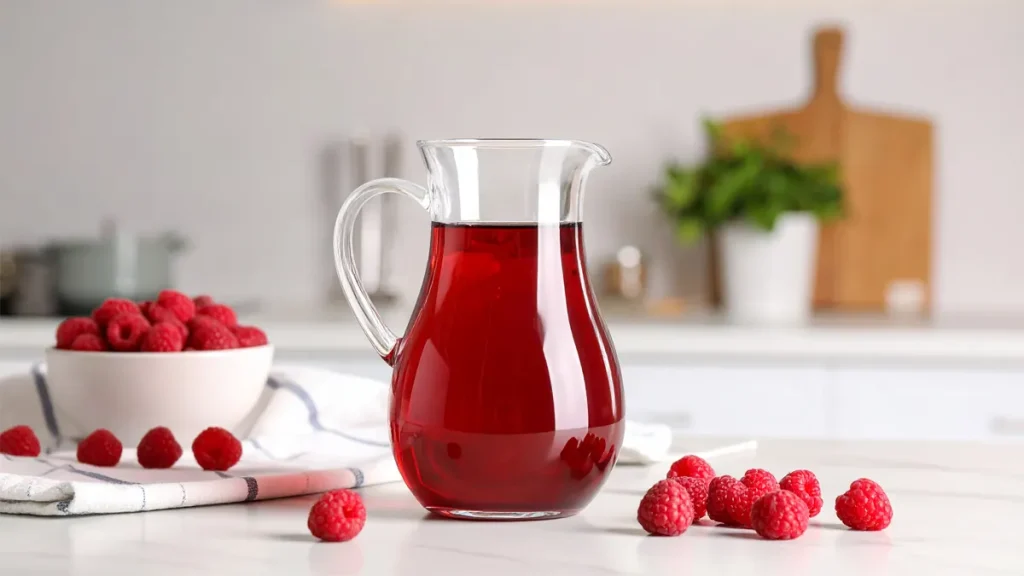 A clear glass pitcher filled with deep red raspberry syrup sits on a white kitchen counter. Fresh raspberries are scattered around, with a white bowl full of berries and a folded tea towel nearby, all set in a bright, modern kitchen.